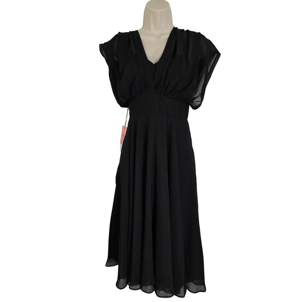 JJ's House Black Midi Dress V Neck Chiffon Party Cocktail Wedding Guest Size 12